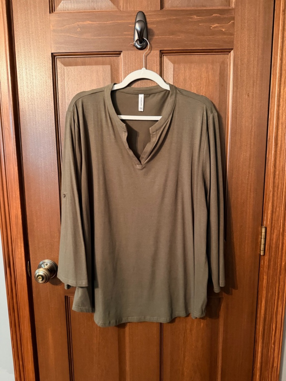 Relaxed Olive Green V-Neck Long Sleeve Top
